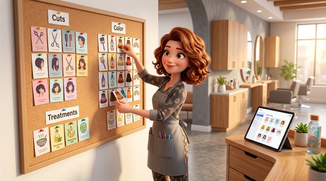 A hair salon owner arranges service cards named cuts, colour and treatments on a pinboard next to a tablet showing her online booking page