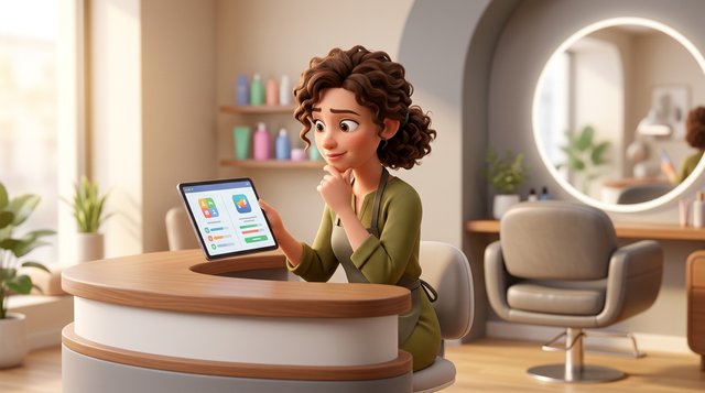 Illustration einer Friseursalon-Inhaberin, die an der Rezeption ihres Salons zwei Softwareangebote auf einem Tablet vergleicht