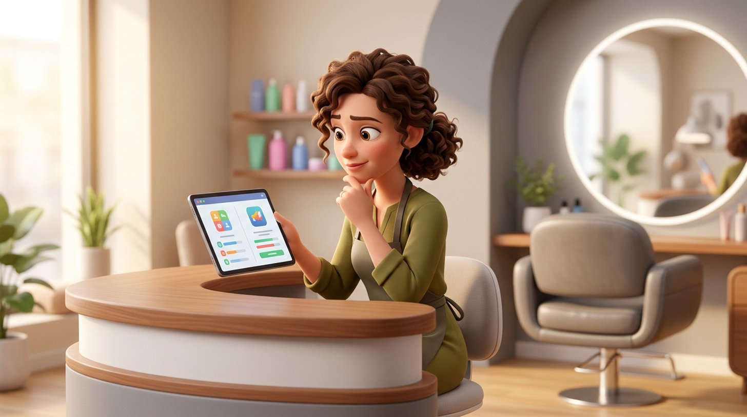 Illustration einer Friseursalon-Inhaberin, die an der Rezeption ihres Salons zwei Softwareangebote auf einem Tablet vergleicht