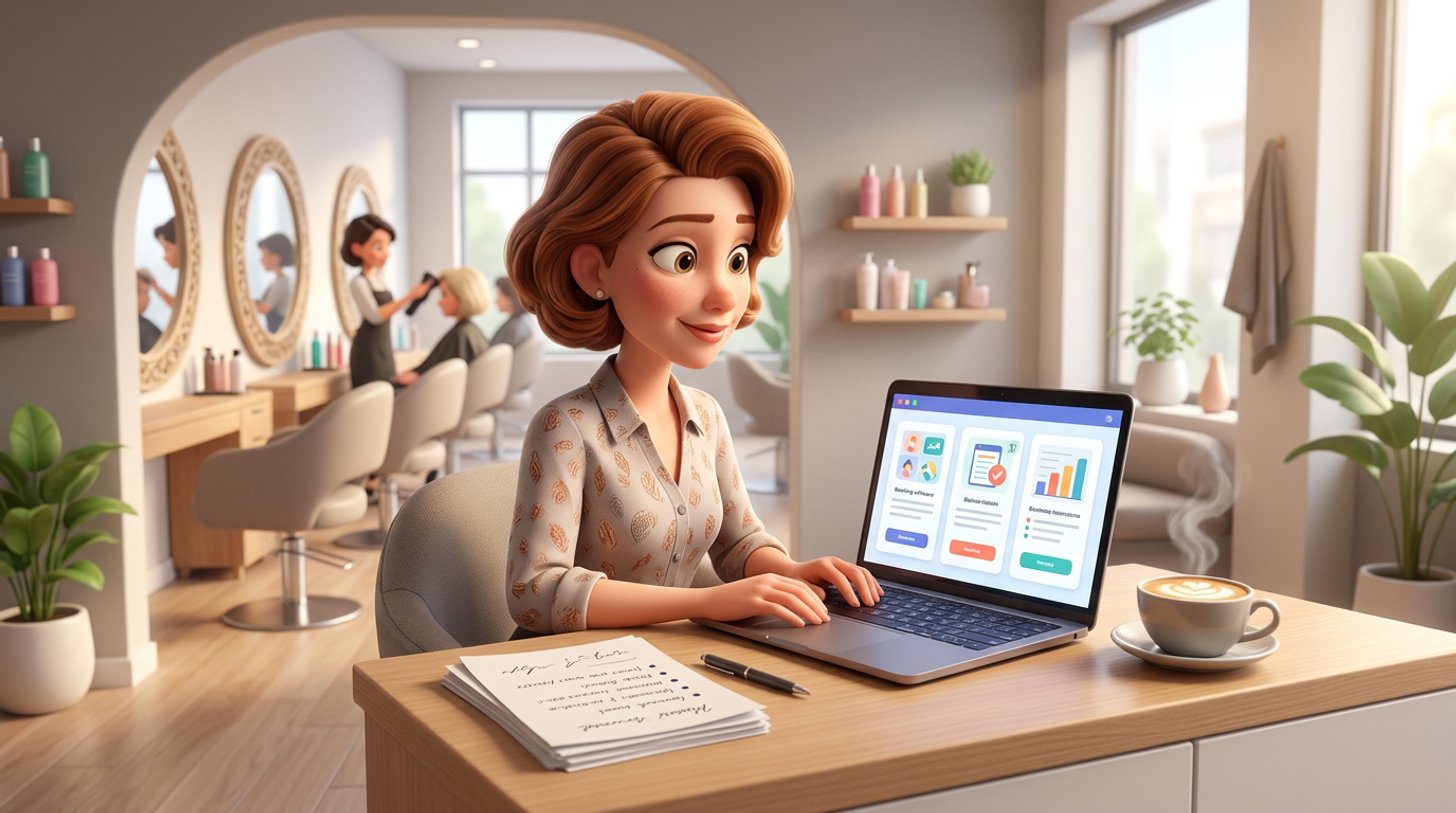 Illustration of a hair salon owner at her reception desk comparing booking software on a laptop, a notepad of questions and a flat white beside her, styling chairs in the background