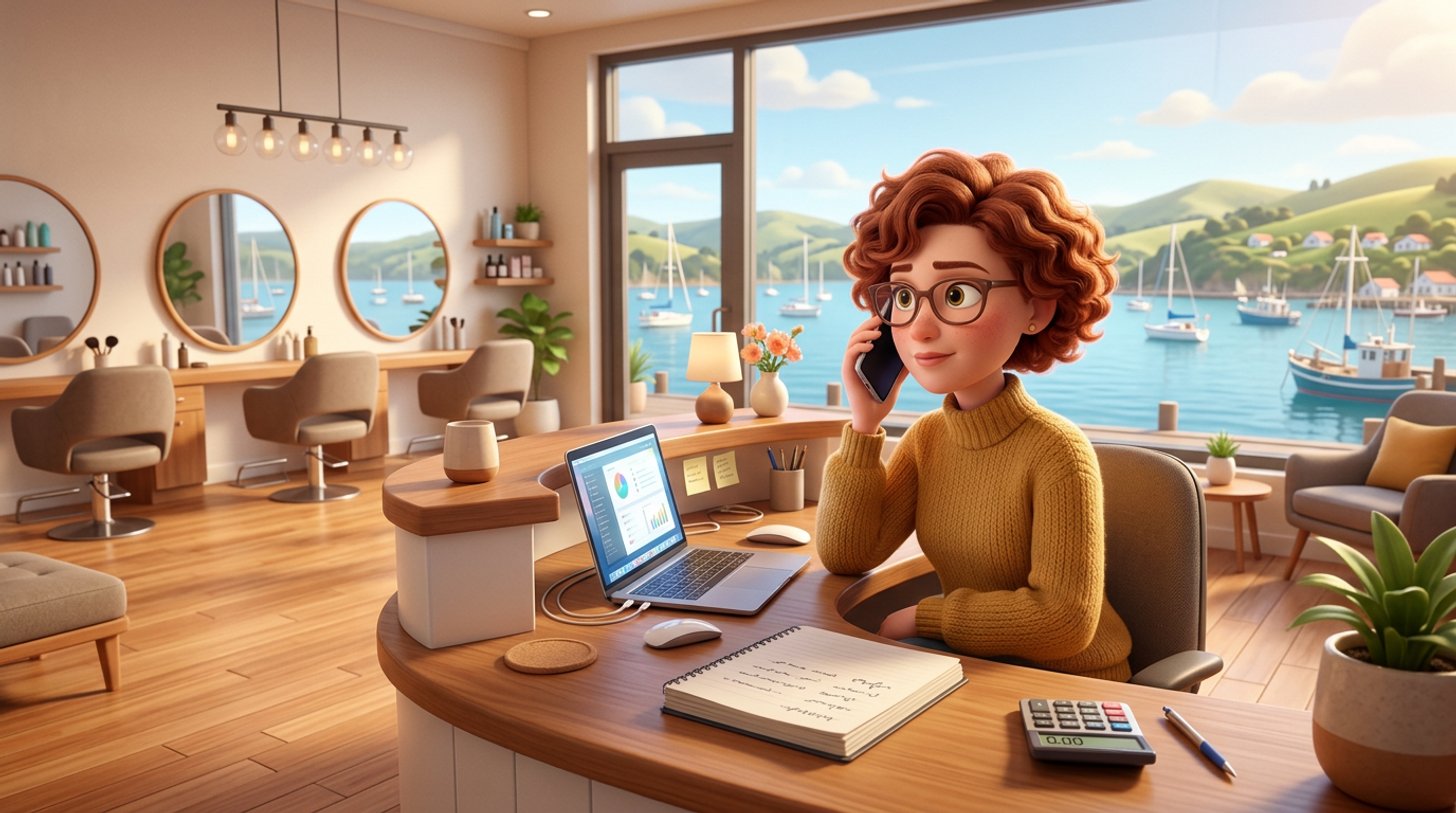 A hair salon owner at her reception desk listens to a software sales call on the phone, laptop and notepad in front of her, a New Zealand harbour town with sailboats visible through the salon window