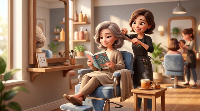 Illustration of a relaxed client reading a book in a hair salon chair while a stylist quietly works on her hair, a small sign on the mirror shelf showing a calm face