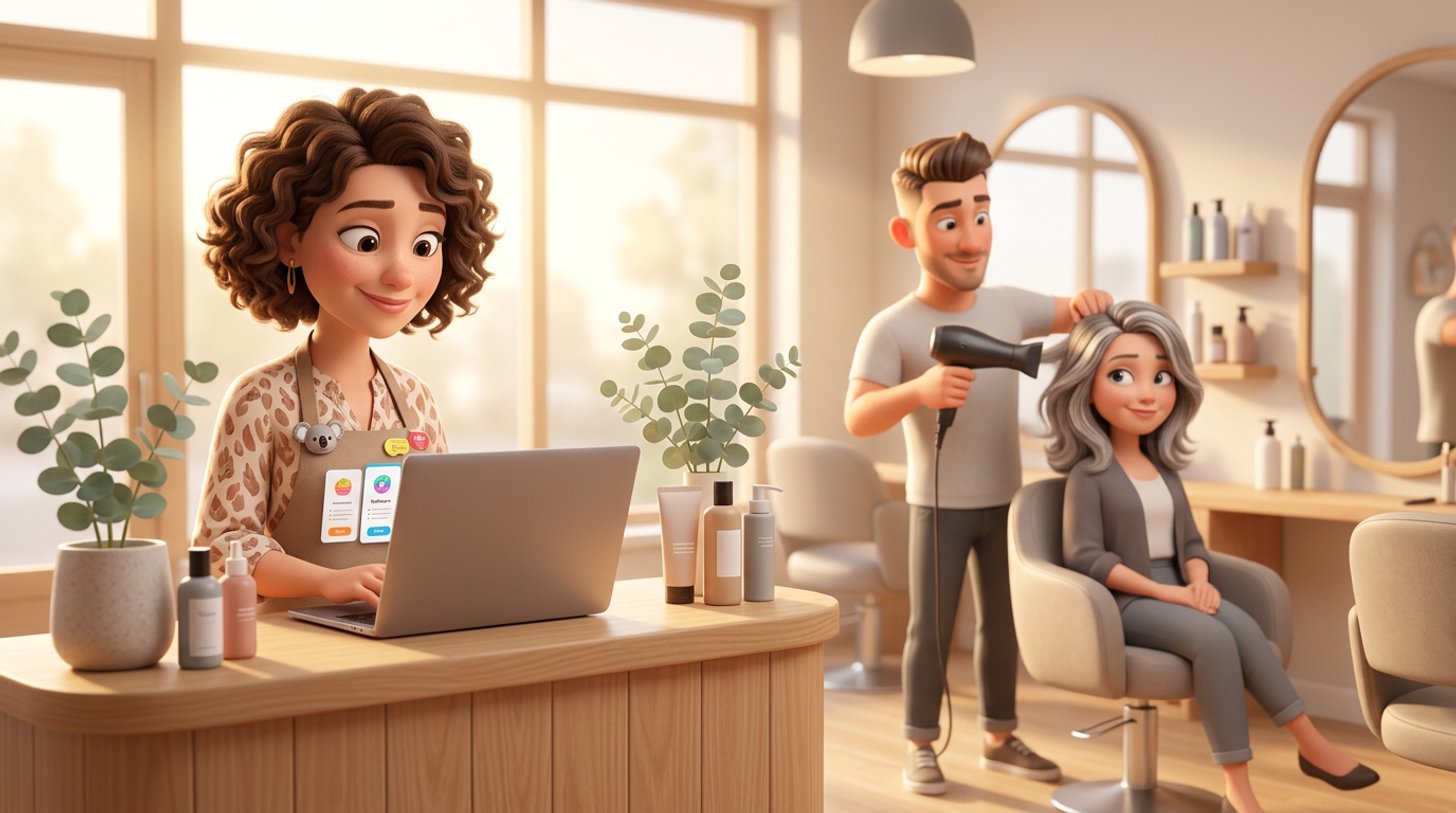 Illustration of an Australian hair salon owner at her front desk weighing up booking software plans on a laptop while a stylist works at a chair behind her