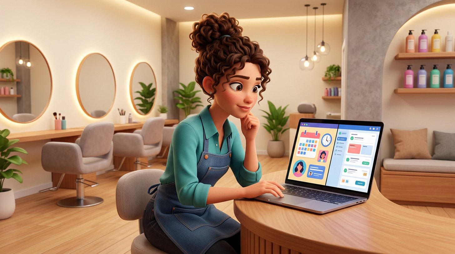 Illustration of a hair salon owner at the reception desk comparing two booking systems side by side on a laptop, styling chairs lined up behind her