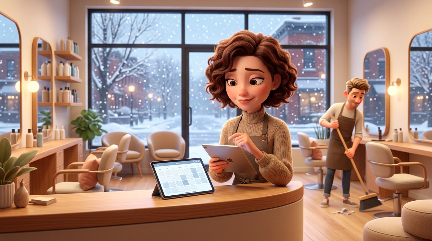 A hair salon owner looks at a half-empty January appointment calendar on a tablet at the front desk of a bright American salon, snow visible through the window