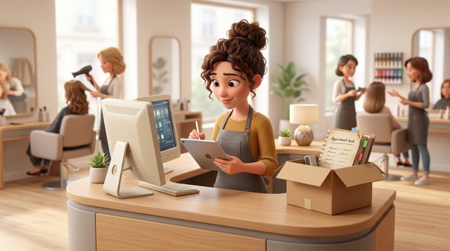 Friseurin überträgt an der Rezeption ihres Salons Kundendaten von einem alten Computer auf ein neues Tablet, daneben ein Umzugskarton mit Terminkalender