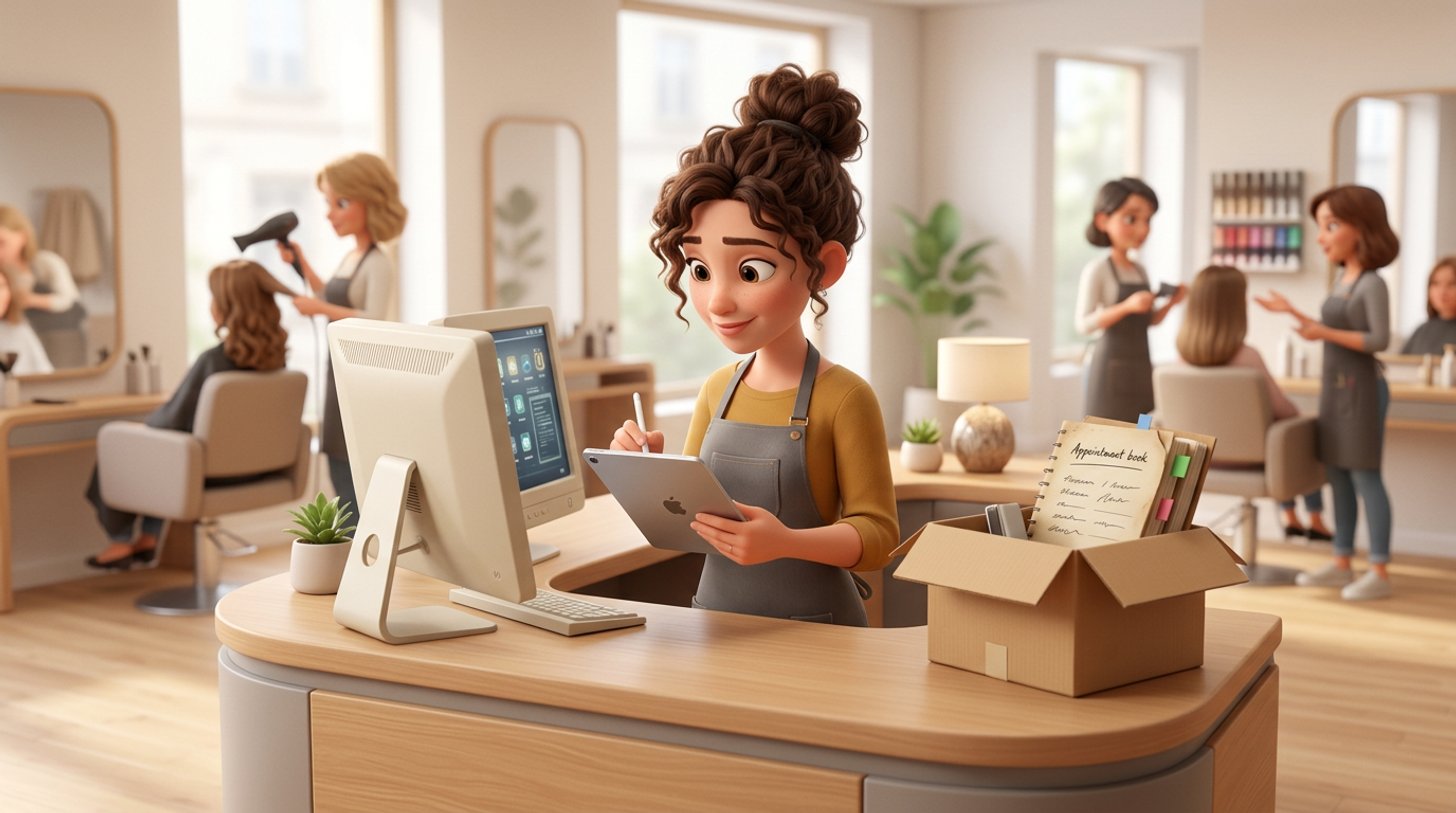 Friseurin überträgt an der Rezeption ihres Salons Kundendaten von einem alten Computer auf ein neues Tablet, daneben ein Umzugskarton mit Terminkalender