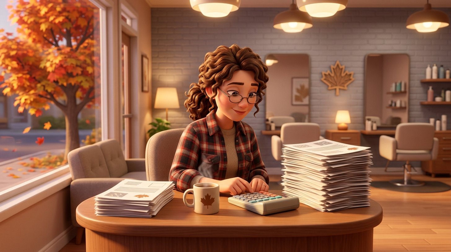 A Canadian hair salon owner compares a thin stack and a tall stack of paperwork at her reception desk after closing, a maple tree in autumn colours outside the window