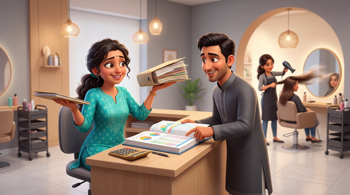 An Indian hair salon owner at her reception desk compares a thin folder and a thick folder with her chartered accountant while a stylist blow-dries a client at a mirror behind them