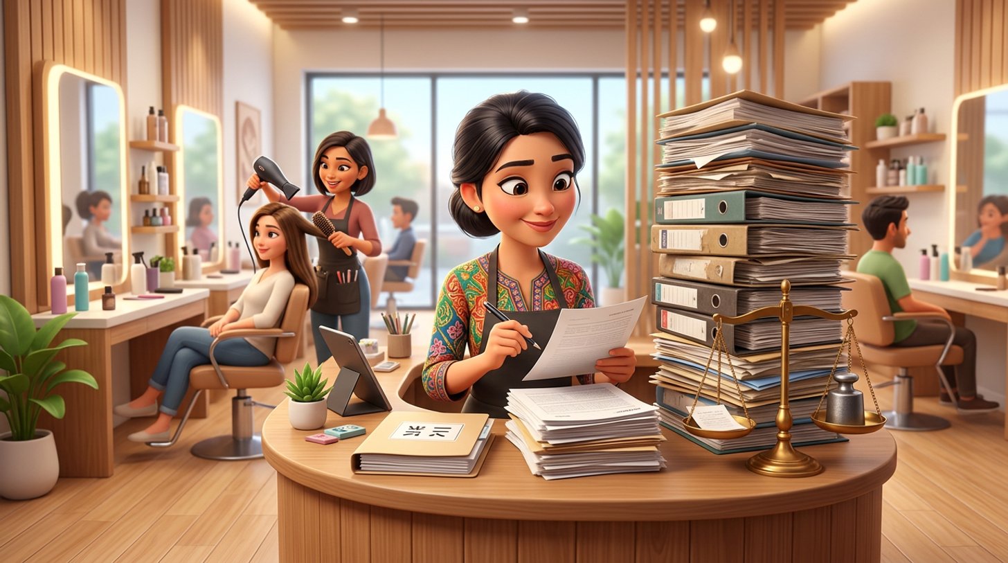 A Malaysian hair salon owner at her reception desk weighing two document folders, one thin and one thick, while a stylist blow-dries a client behind her