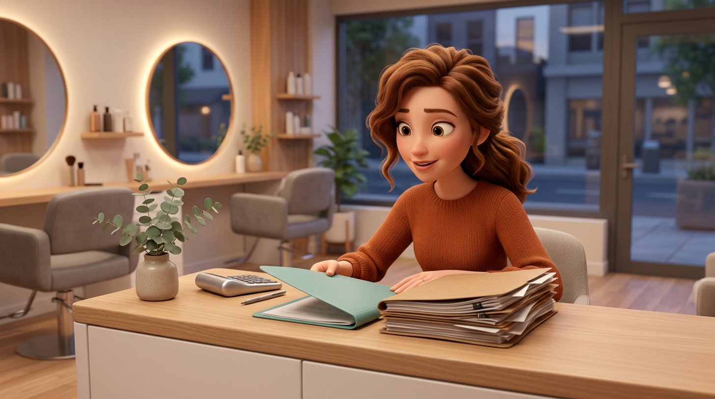 A salon owner at her reception desk after closing, weighing up a slim folder against a thick stack of company paperwork with a calculator beside them