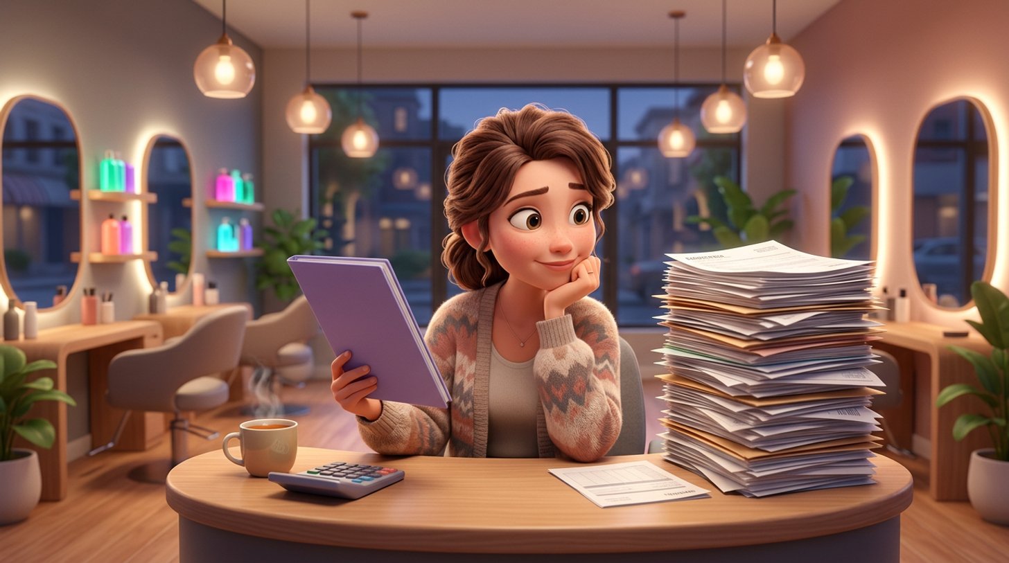 A New Zealand salon owner at her reception desk after closing compares a slim folder with a tall stack of company paperwork, a calculator open beside her and styling chairs behind