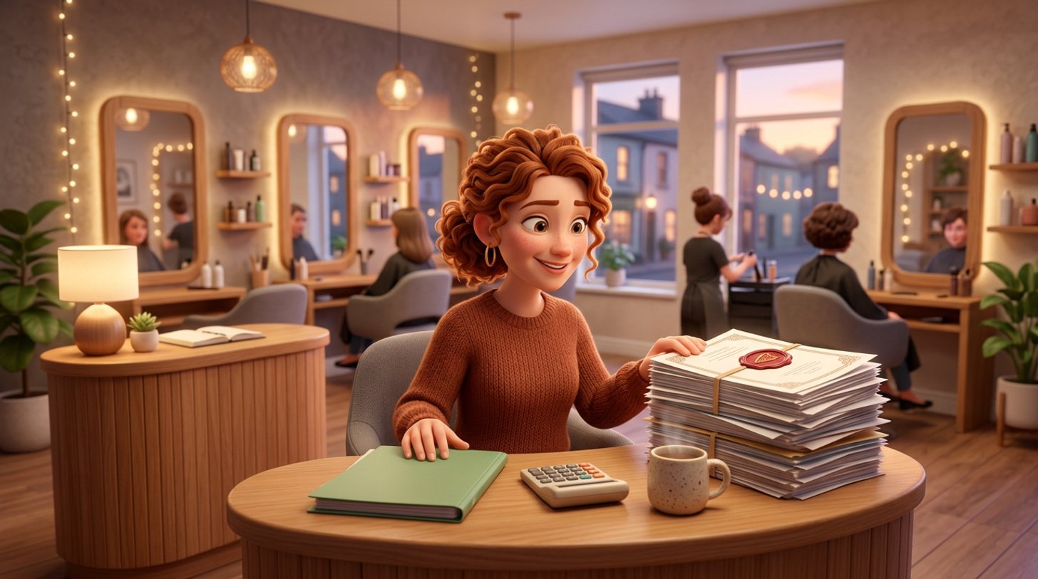 An Irish salon owner at her reception desk in the evening, weighing up a thin folder of sole trader paperwork against a thick stack of company documents, a calculator and mug of tea beside her