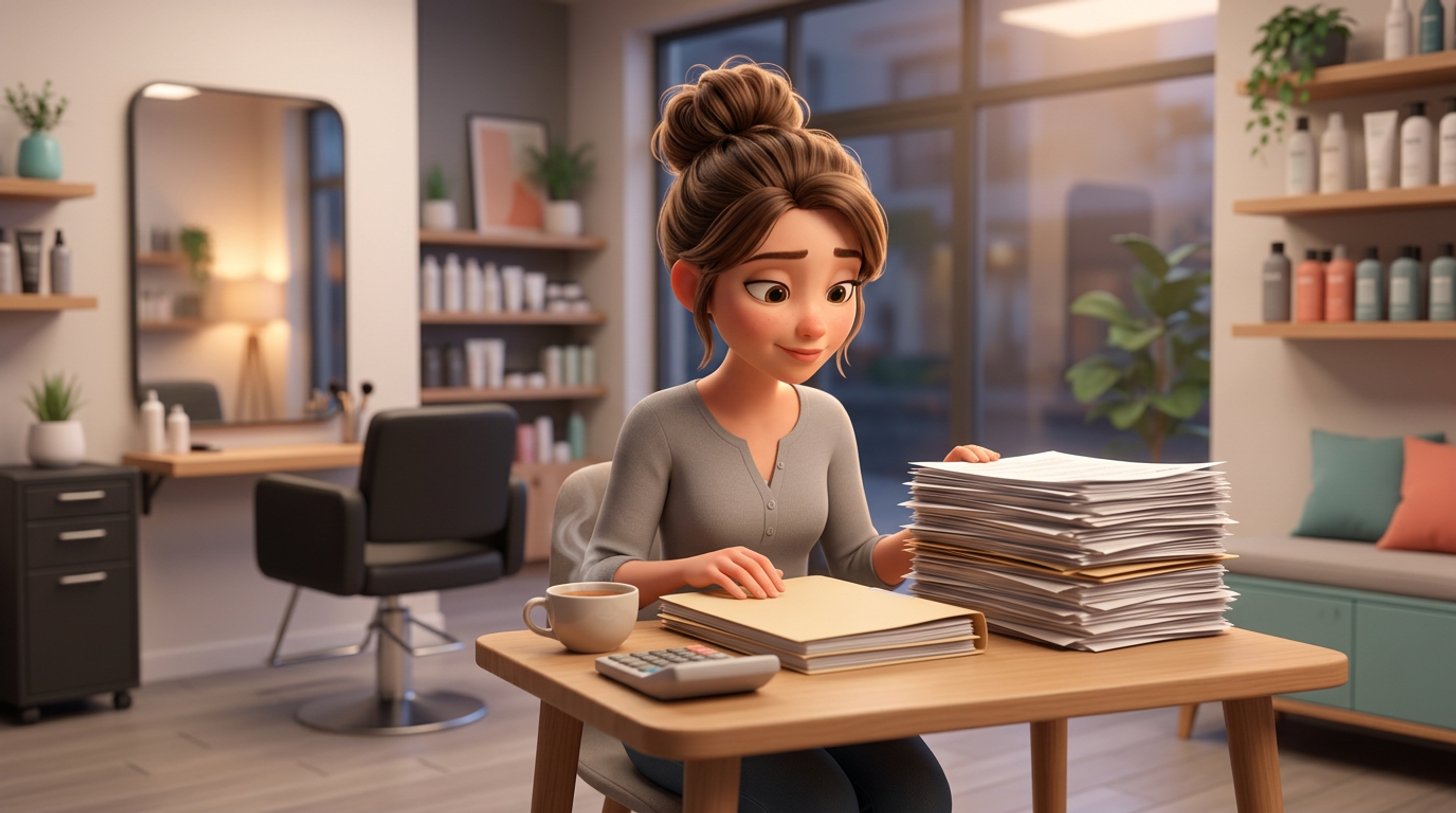 Illustration of a hairdresser at her salon desk weighing up two folders of paperwork, one thin and one thick, with a calculator beside them