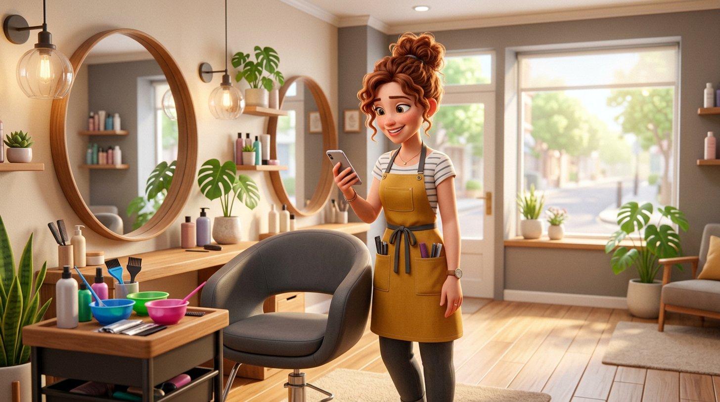 A solo hairdresser checks the day's appointments on her phone beside the single styling chair of her small Australian salon
