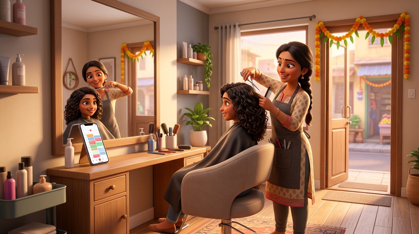 A freelance hairstylist works alone at the single chair of her small Indian hair salon studio, while the phone propped on the counter beside her shows a well-filled appointment calendar