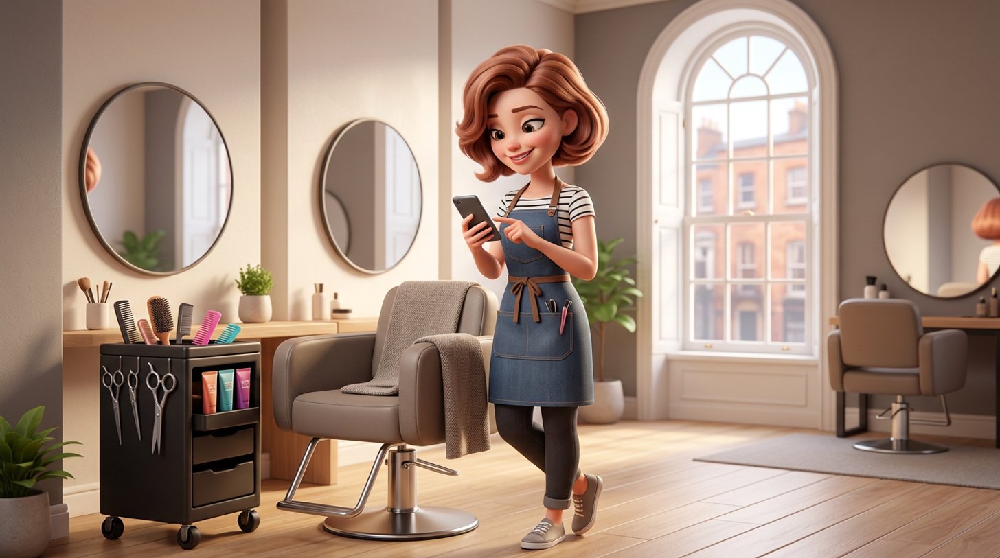 A self-employed hairdresser checks her appointment diary on her phone beside her single rented styling chair in a bright Dublin salon, her own trolley of tools at her side