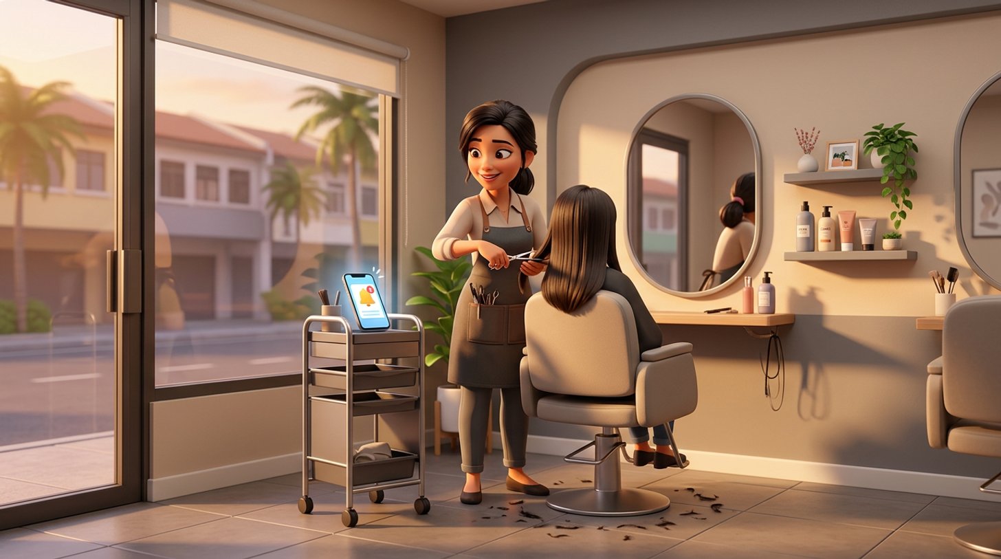 A solo hairdresser in a small one-chair Malaysian shoplot salon glances at a booking notification on her phone while finishing a client's haircut