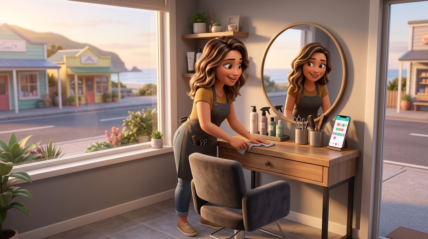 A solo hairdresser tidies the single styling station of her small New Zealand salon at the end of the day, her phone propped against the mirror showing tomorrow's fully booked appointment list