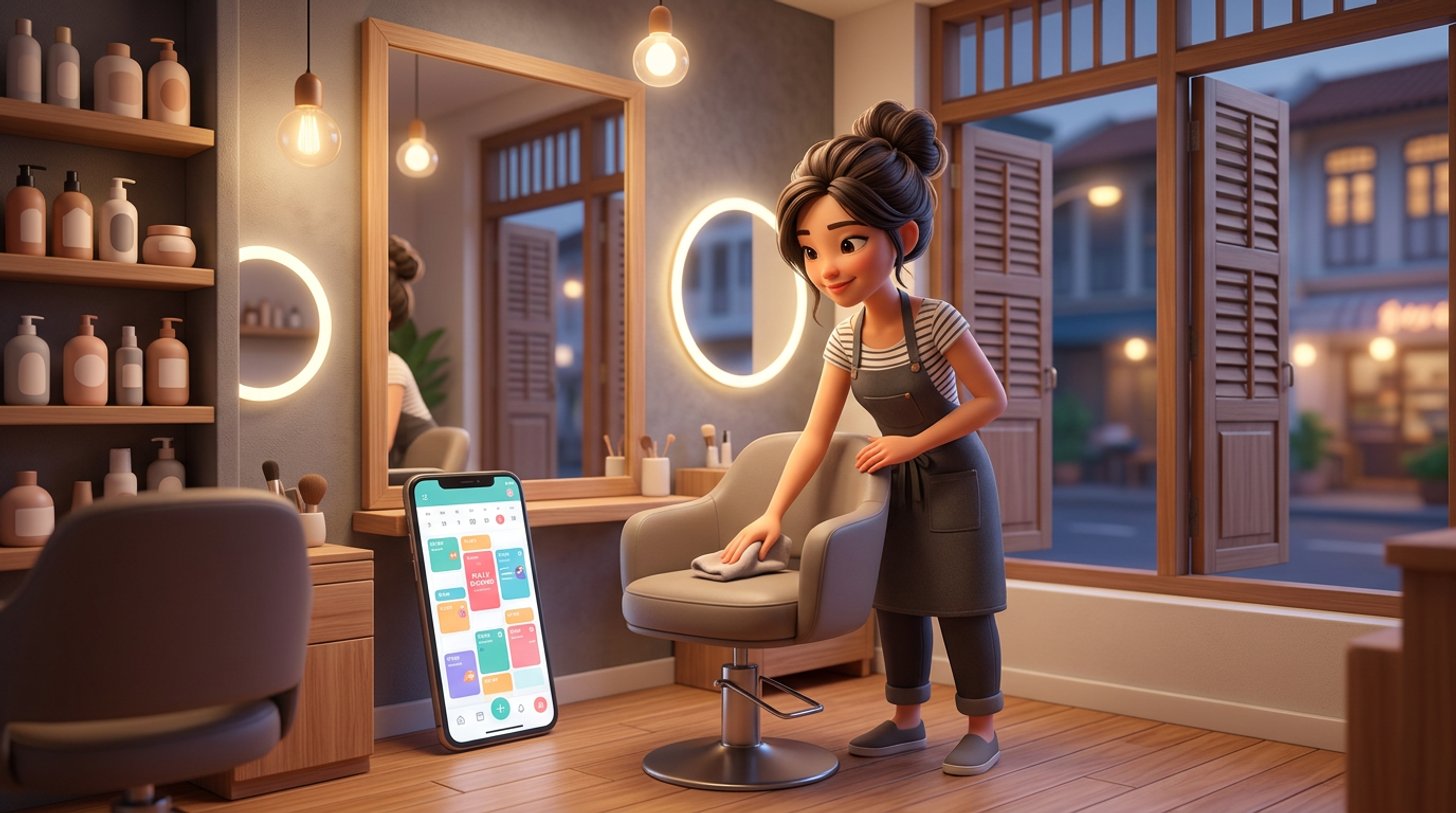A solo hairdresser closes up her small single-chair salon studio in Singapore for the evening, checking tomorrow's fully booked schedule on the phone in her hand