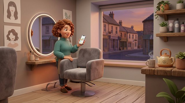 A self-employed hairdresser checks her appointment diary on a smartphone beside the single styling chair of her small British salon