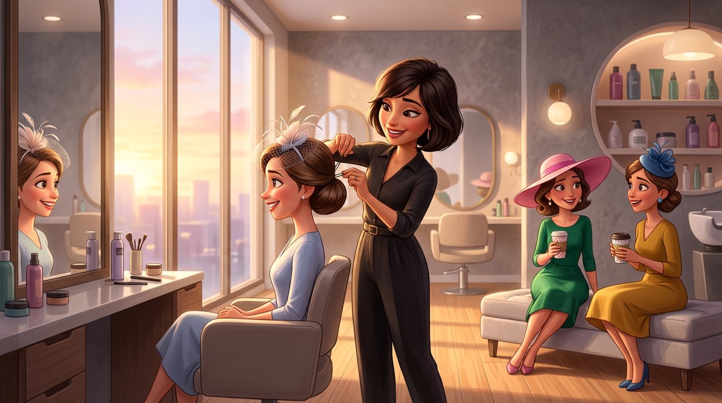 A hairdresser pins a sleek low chignon on a client wearing a fascinator in a bright hair salon at dawn, while two friends in race day dresses wait with coffee
