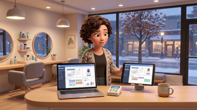 A hair salon owner at her reception desk in the evening, comparing booking software on a laptop and a tablet, a card reader beside the keyboard and a snowy Canadian street through the window