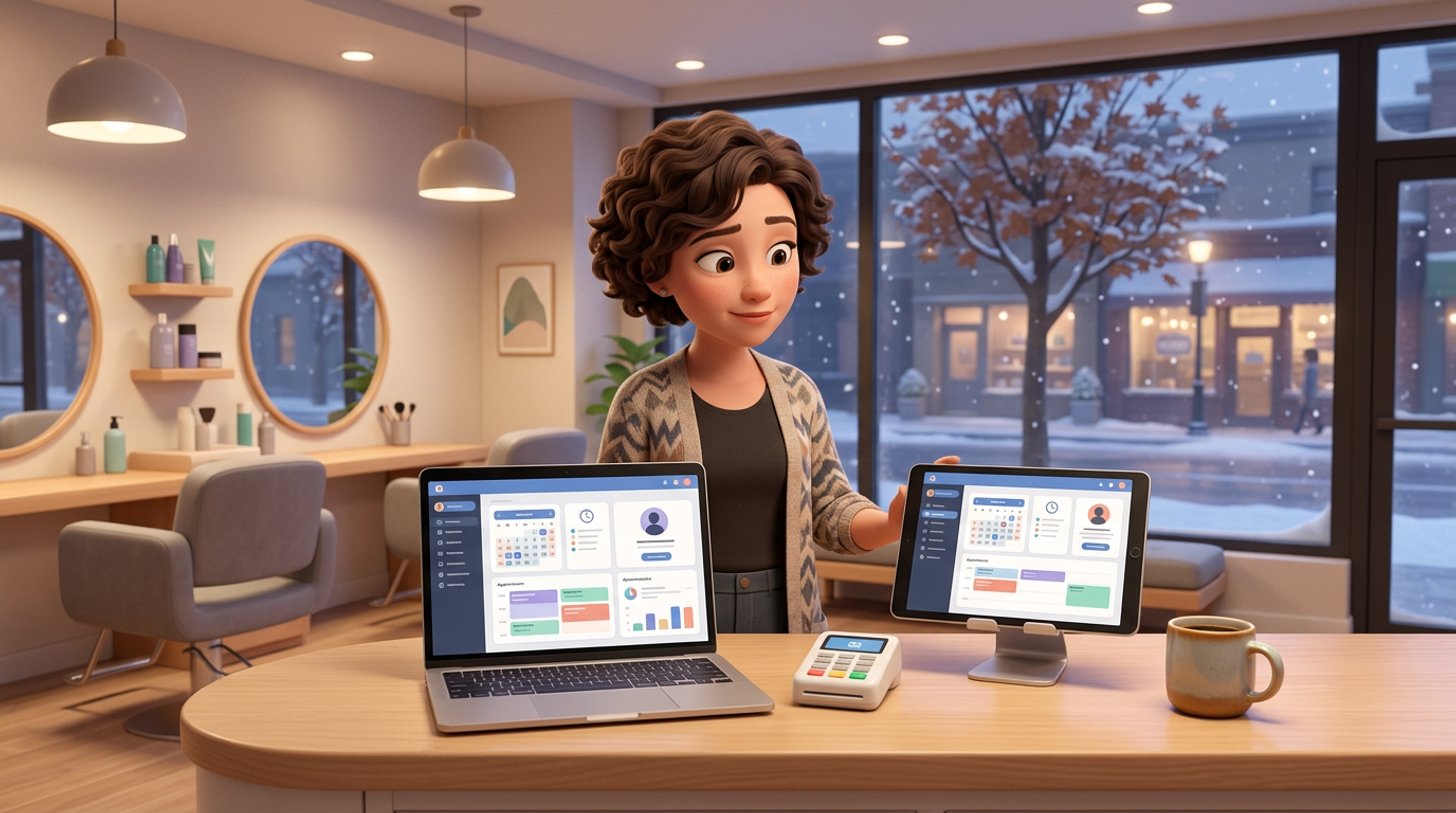 A hair salon owner at her reception desk in the evening, comparing booking software on a laptop and a tablet, a card reader beside the keyboard and a snowy Canadian street through the window