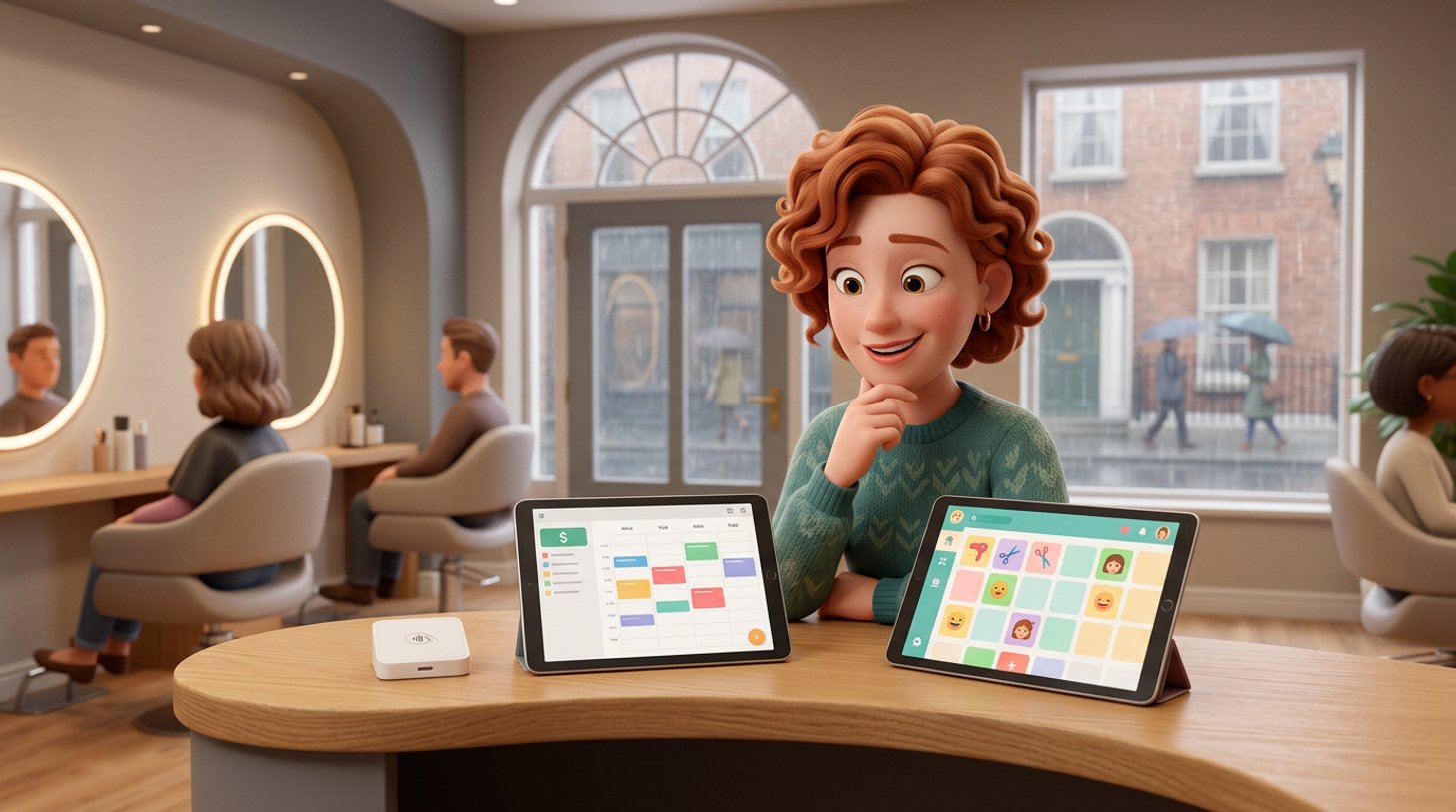 An Irish hair salon owner at her reception desk weighing up two tablets, one beside a small white card reader, with styling chairs behind her and a Georgian doorway visible through the rainy window