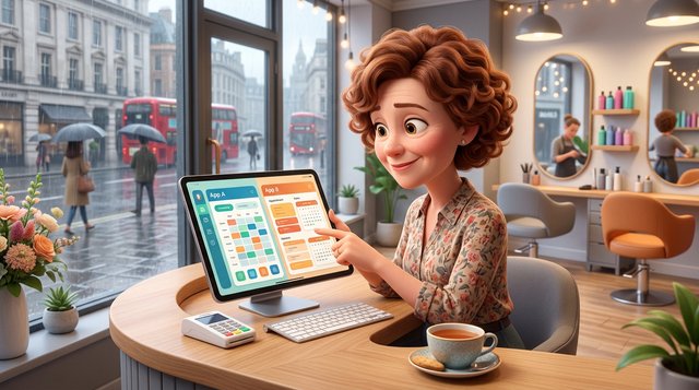 A hair salon owner at her reception desk comparing booking apps on a tablet, with a small white card reader and a cup of tea beside her and styling chairs behind