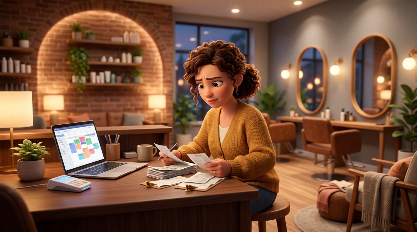 A hair salon owner at her reception desk in the evening, weighing stacks of receipts next to a laptop and a small card reader, styling chairs in the background