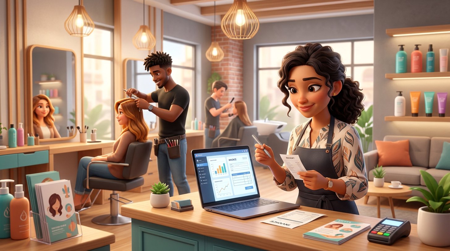 Illustration of a Malaysian hair salon owner at the front desk comparing a paper receipt with an invoice form on a laptop screen, a stylist cutting a client's hair in the background