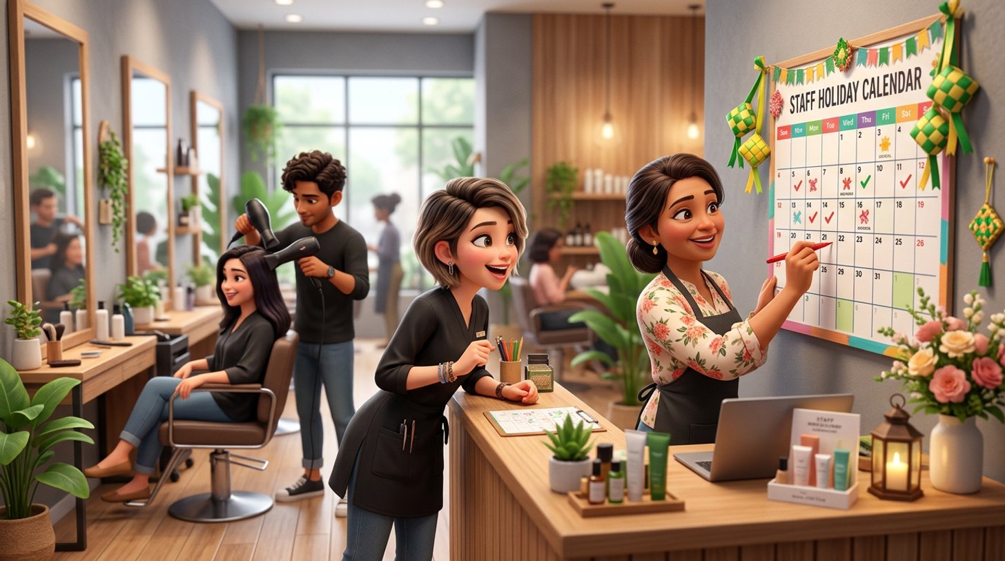 A Malaysian salon owner and a stylist mark approved leave days on a wall calendar at the reception desk of a bright hair salon