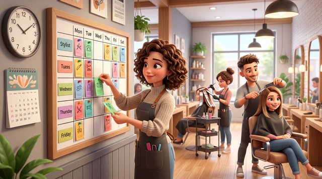 A hair salon manager arranges a weekly staff roster on a wall planner while two stylists work at their chairs in a bright Australian salon