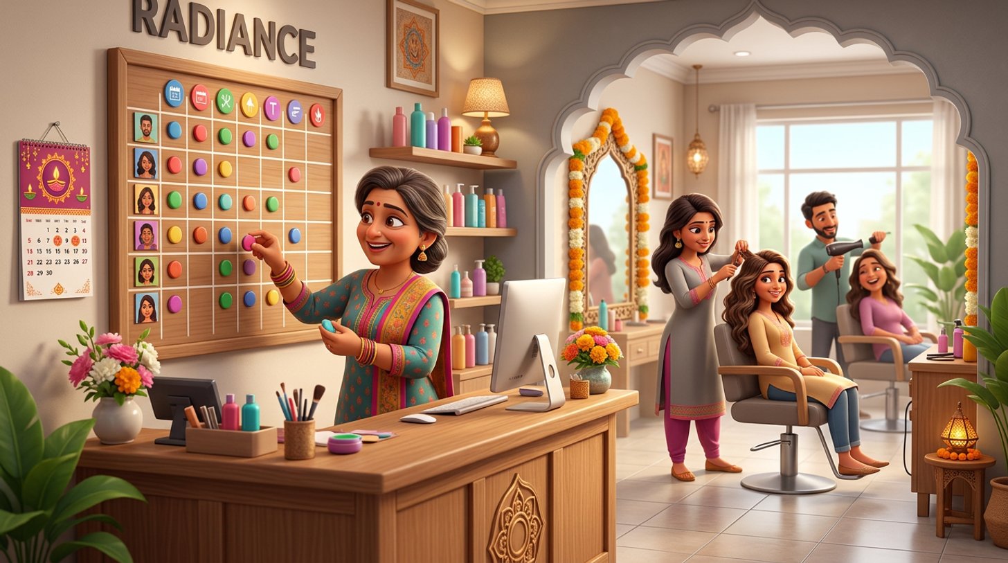 A hair salon manager arranges shifts on a weekly staff roster board at the reception desk of a bright Indian hair salon while two stylists work on clients behind her
