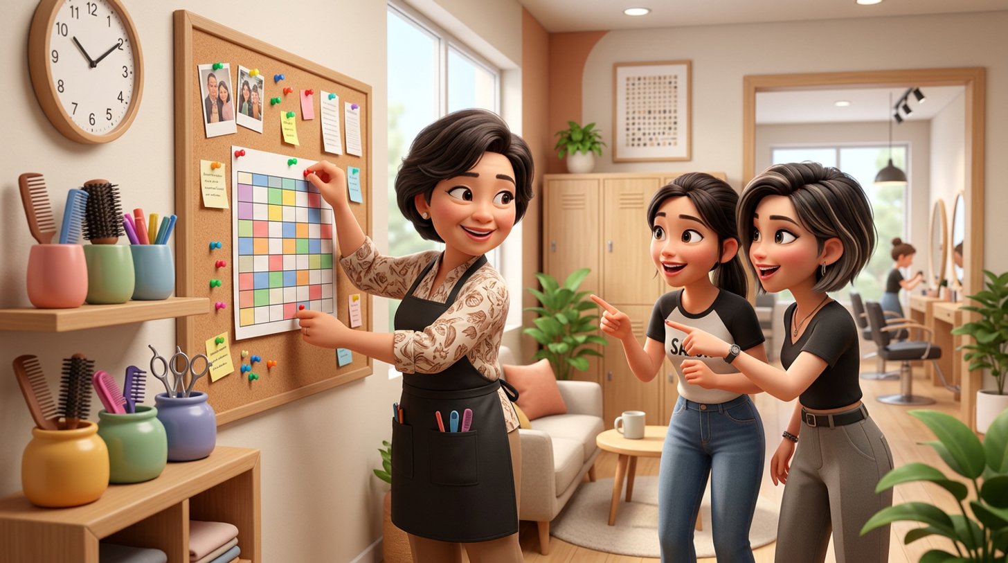 A Malaysian salon owner pins a weekly staff roster to the staffroom board while two stylists check their shifts in a bright hair salon