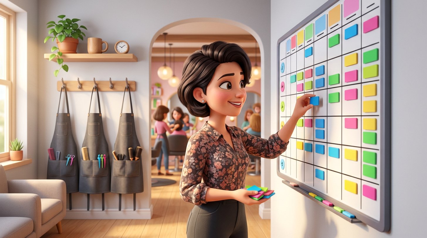 A hair salon manager arranges colourful magnetic name tiles on a weekly wall planner in the staff room, stylists' aprons hanging beside it