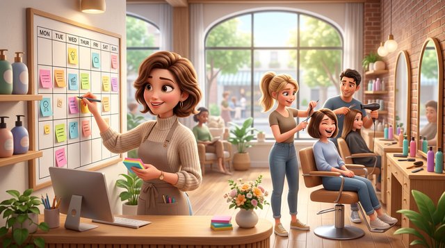 A Canadian hair salon manager pins sticky notes onto a large weekly staff schedule at the front desk while two stylists cut and colour hair behind her