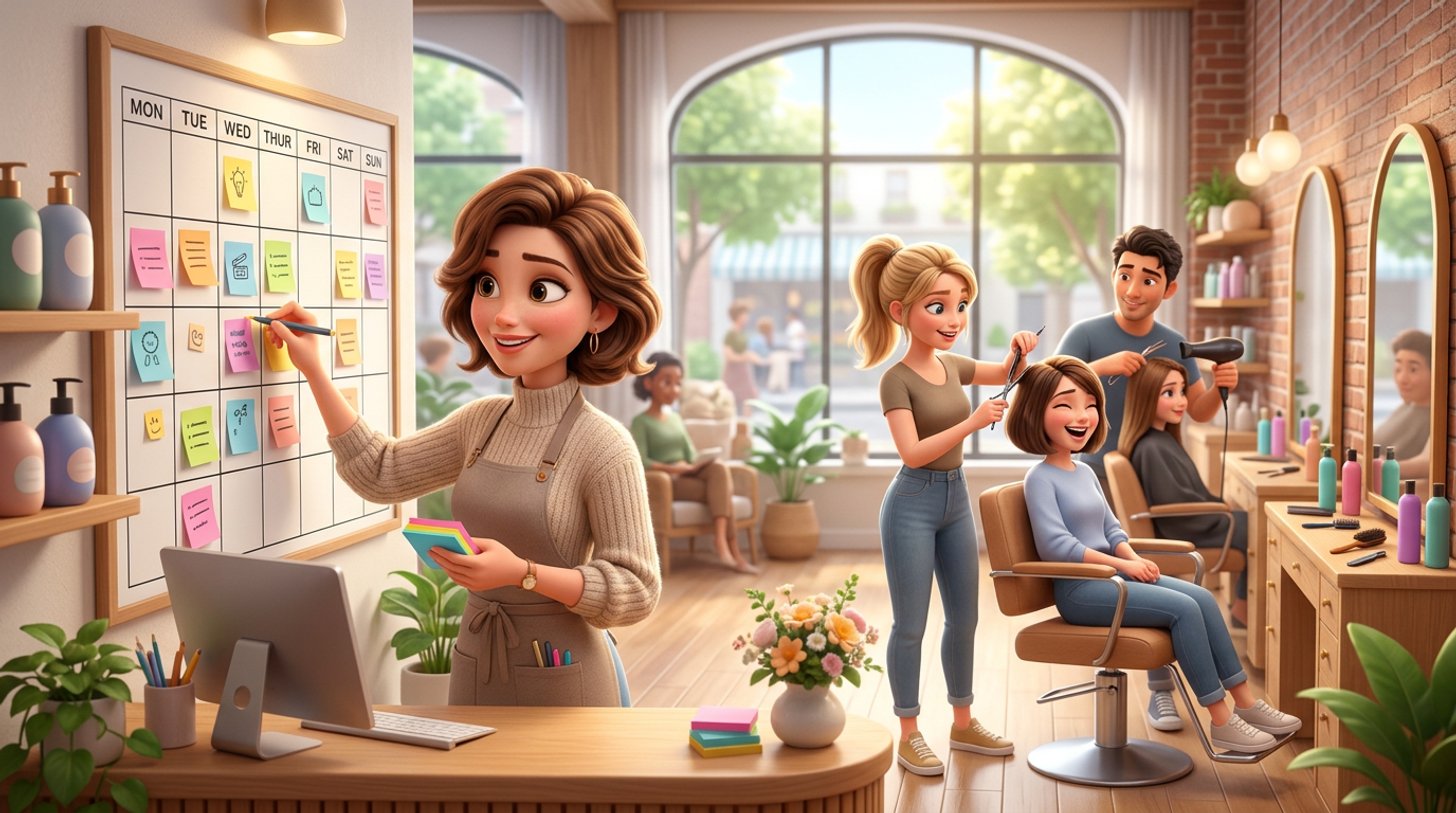 A Canadian hair salon manager pins sticky notes onto a large weekly staff schedule at the front desk while two stylists cut and colour hair behind her