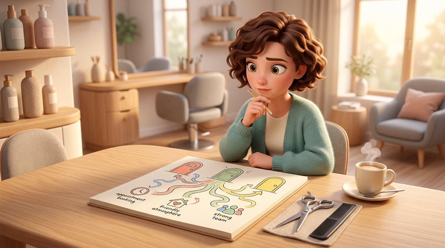 Une future gérante de salon de coiffure réfléchit devant un grand carnet où plusieurs chemins dessinés mènent à des portes différentes, ciseaux et peigne posés à côté