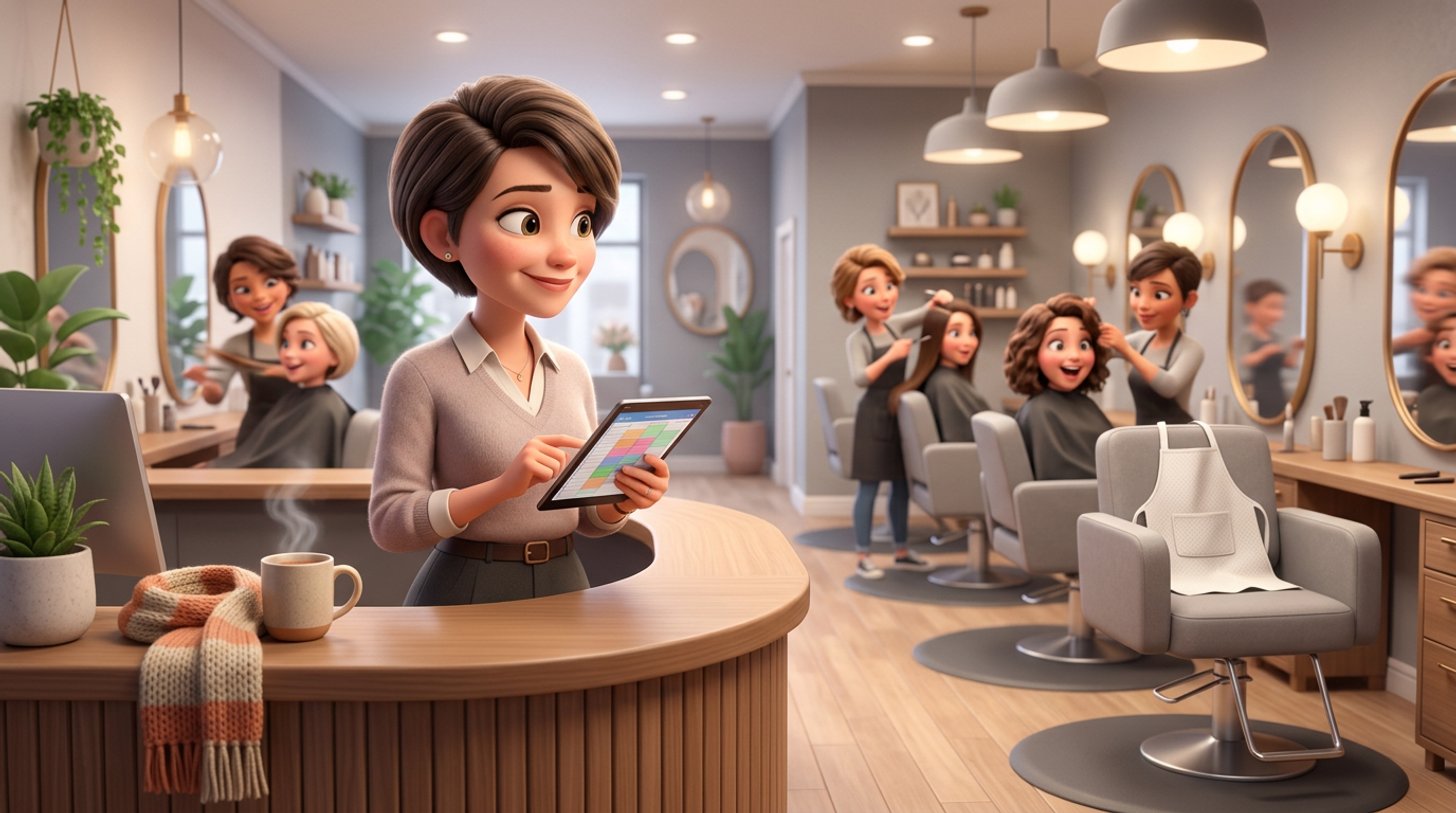 A hair salon manager at the reception desk checks the day's diary on a tablet beside an empty styling chair with a folded apron, while the rest of the salon works on