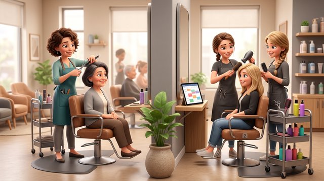Zwei getrennte Arbeitsplätze in einem Friseursalon: links die Saloninhaberin mit Kundin, rechts eine selbstständige Stuhlmieterin mit eigenem Rollwagen und eigenem Terminkalender auf dem Tablet