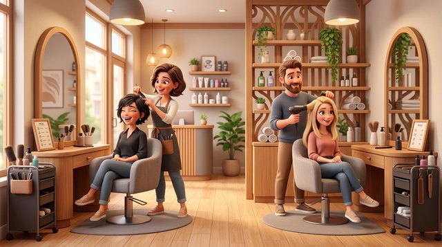 Illustration eines Friseursalons mit zwei getrennten Arbeitsplätzen: Saloninhaberin und selbstständige Stuhlmieterin bedienen jeweils ihre eigene Kundin