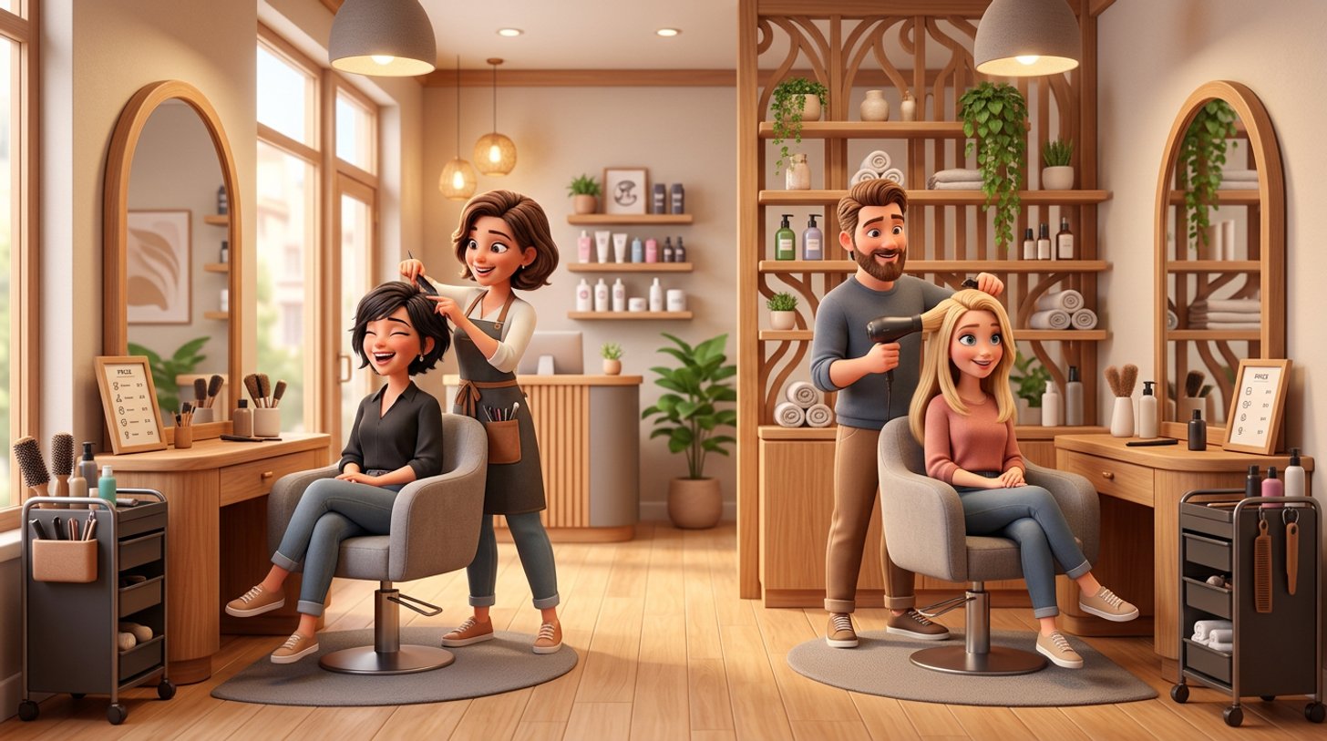 Illustration eines Friseursalons mit zwei getrennten Arbeitsplätzen: Saloninhaberin und selbstständige Stuhlmieterin bedienen jeweils ihre eigene Kundin
