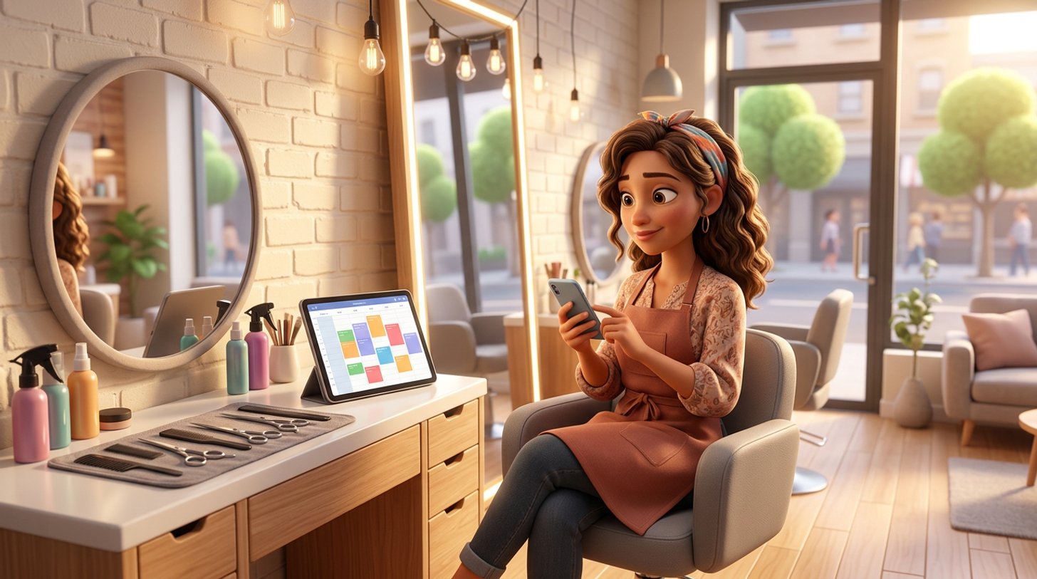 An independent hair stylist reviews booking fees on her phone between clients, seated at her styling station in a bright modern salon
