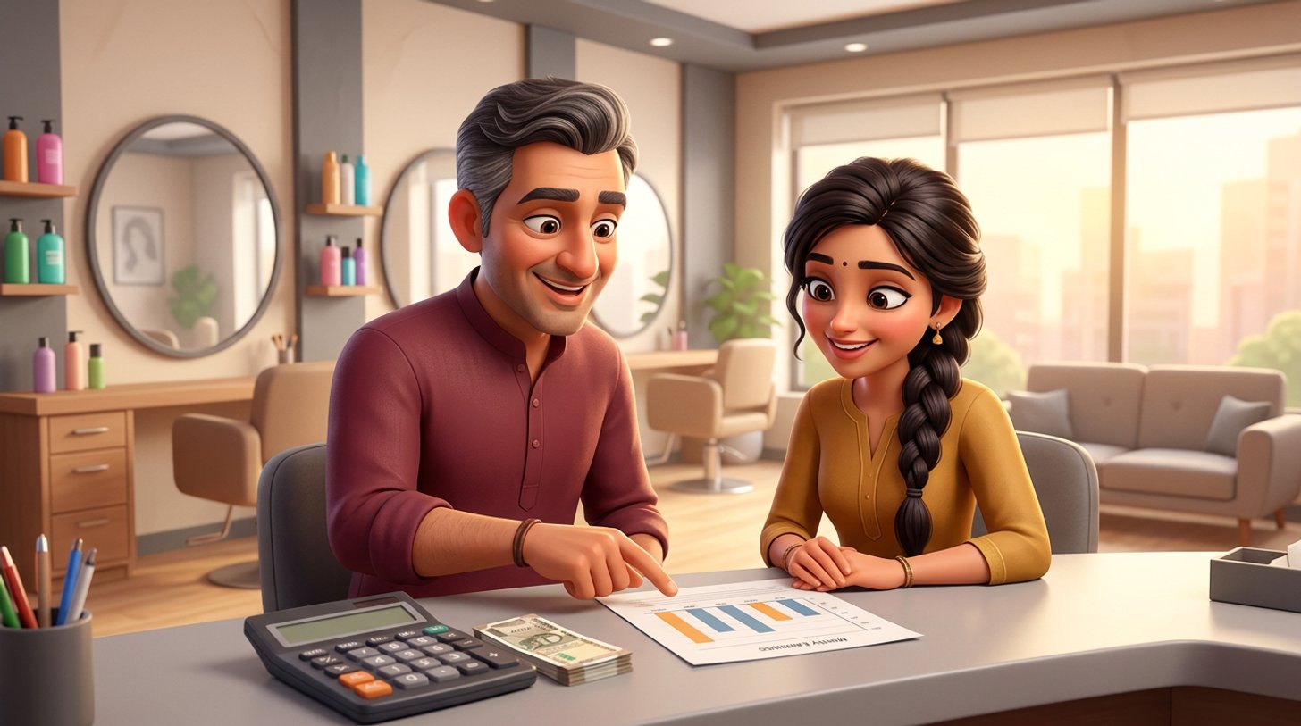 An Indian hair salon owner and a young hairstylist review a monthly earnings sheet with a bar chart and calculator at the reception desk, styling chairs and mirrors behind them