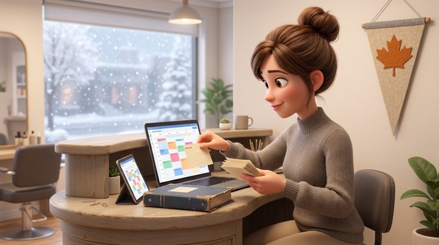 A salon owner at her reception desk moves client record cards from a worn binder into a laptop showing an appointment calendar, a maple leaf pennant on the wall and snow outside the window
