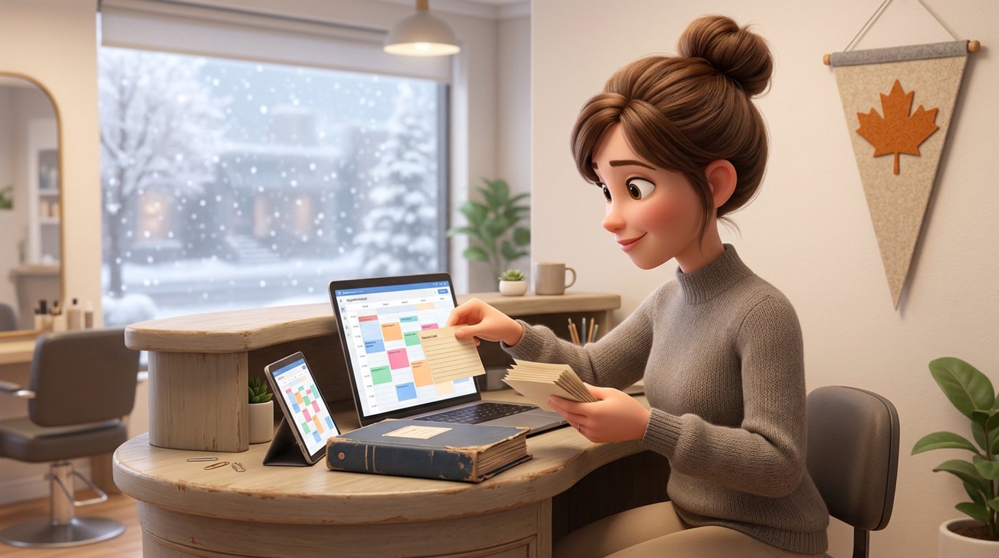 A salon owner at her reception desk moves client record cards from a worn binder into a laptop showing an appointment calendar, a maple leaf pennant on the wall and snow outside the window