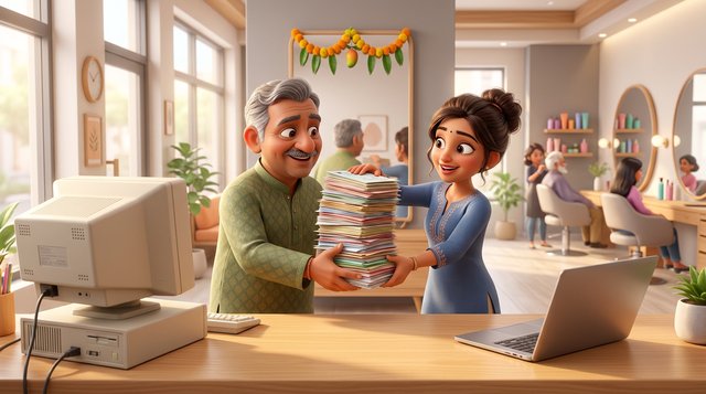A hair salon owner and a stylist move a stack of client record cards from an old computer to a new laptop on the reception desk of a bright Indian hair salon