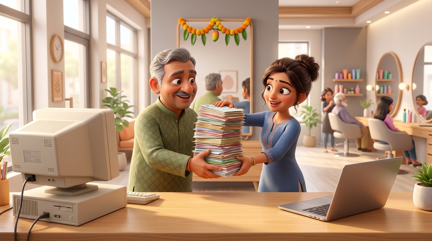 A hair salon owner and a stylist move a stack of client record cards from an old computer to a new laptop on the reception desk of a bright Indian hair salon